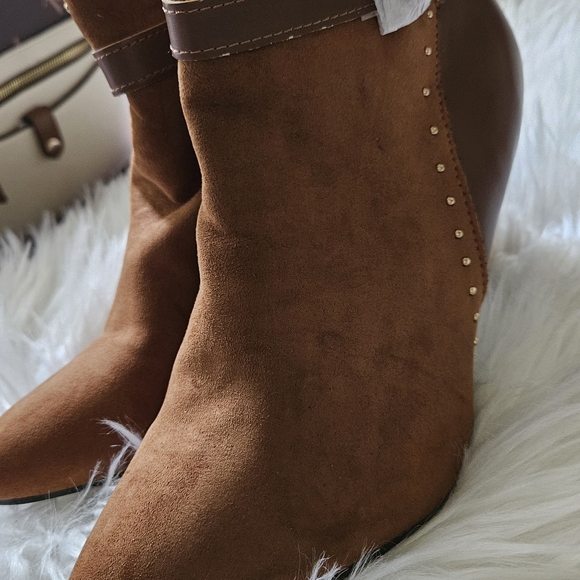 Rouge! Brown Suede Ankle Booties with Stud Accents - Picture 2 of 5